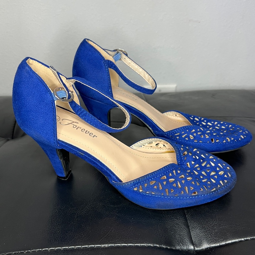 Forever Royal Blue Laser-Cut Ankle-Strap Mid Heels